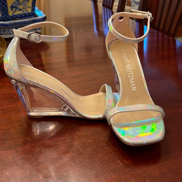 Stuart Weitzman Shoes - Stuart Weitzman brand new silver iridescent sandal with acrylic heel.